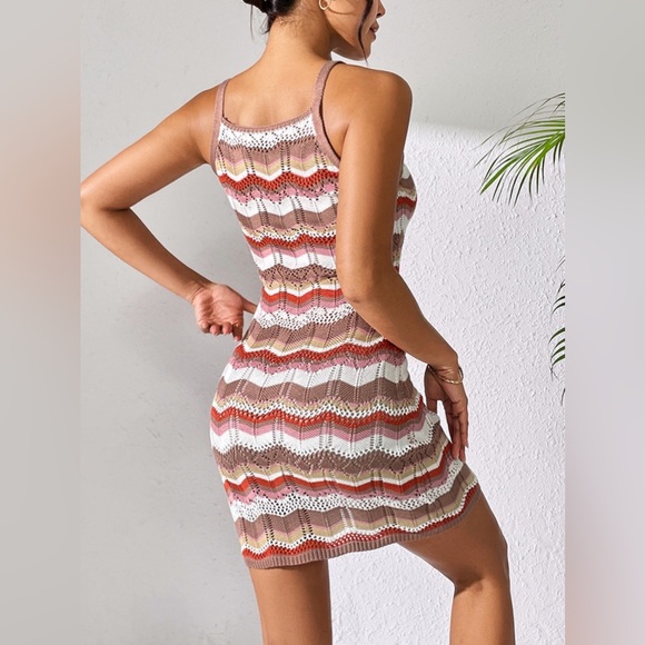 Openwork Striped Spaghetti Strap Knit Dress - Picture 3 of 10